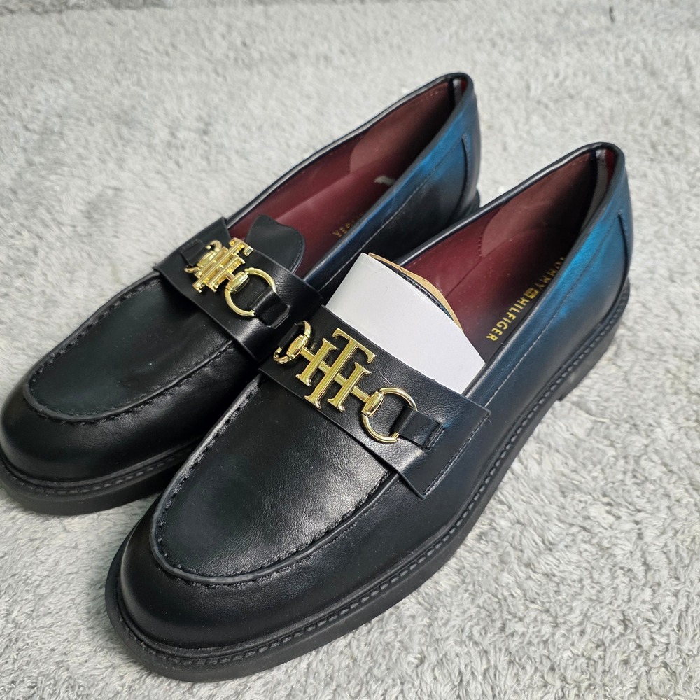 Tommy Hilfiger Black Moc‎ Toe Loafers Gold Logo Women's Size 11M Shoes NEW